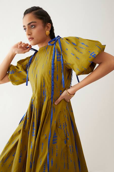 Son Of A Noble Snob Gold Cotton Satin Bows Round Neck Sira Blot Print Dress at Aza Fashions Son Of A Noble Snob_Gold Cotton Satin Bows Round Neck Sira Blot Print Dress _at_Aza_Fashions