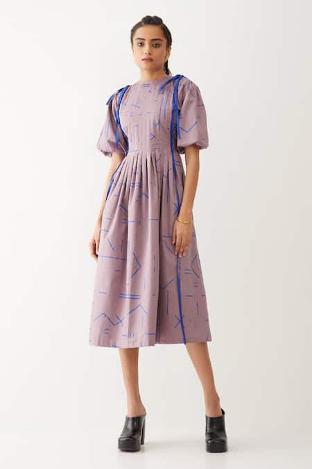 Son Of A Noble Snob Purple Cotton Satin Round Neck Sira Geometric Print Dress 