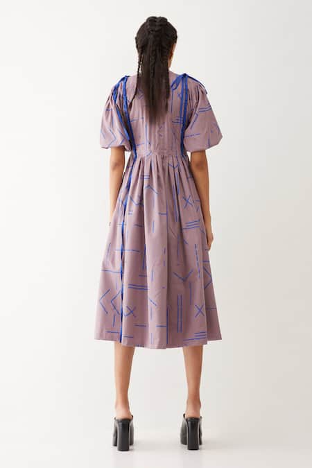 Shop_Son Of A Noble Snob_Purple Cotton Satin Round Neck Sira Geometric Print Dress _at_Aza_Fashions