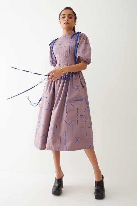 Son Of A Noble Snob_Purple Cotton Satin Round Neck Sira Geometric Print Dress _Online_at_Aza_Fashions