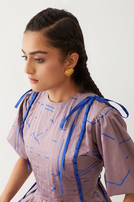 Buy_Son Of A Noble Snob_Purple Cotton Satin Round Neck Sira Geometric Print Dress _Online_at_Aza_Fashions