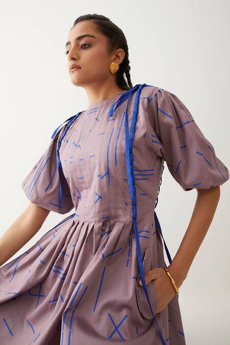 Shop_Son Of A Noble Snob_Purple Cotton Satin Round Neck Sira Geometric Print Dress _Online_at_Aza_Fashions