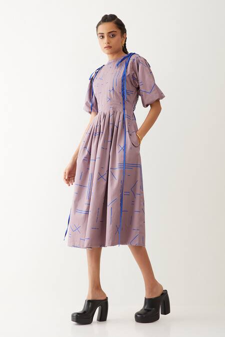 Son Of A Noble Snob_Purple Cotton Satin Round Neck Sira Geometric Print Dress _at_Aza_Fashions