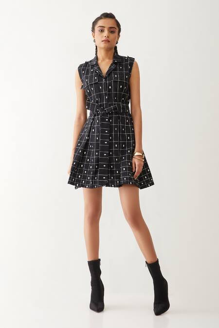 Son Of A Noble Snob Black Cotton Satin Buckles Collared Cici Checkered Print Dress 