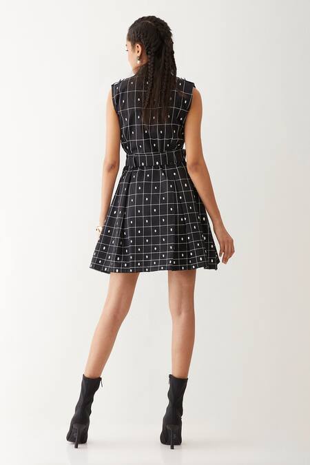Shop_Son Of A Noble Snob_Black Cotton Satin Buckles Collared Cici Checkered Print Dress _at_Aza_Fashions