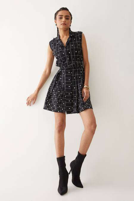 Son Of A Noble Snob_Black Cotton Satin Buckles Collared Cici Checkered Print Dress _Online_at_Aza_Fashions