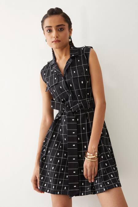 Buy_Son Of A Noble Snob_Black Cotton Satin Buckles Collared Cici Checkered Print Dress _Online_at_Aza_Fashions