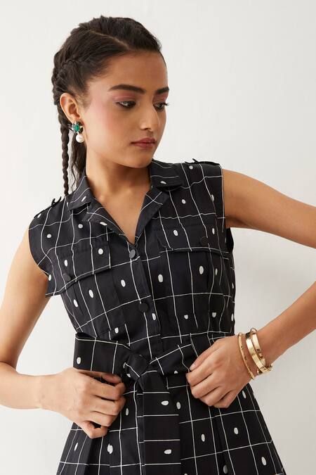 Shop_Son Of A Noble Snob_Black Cotton Satin Buckles Collared Cici Checkered Print Dress _Online_at_Aza_Fashions