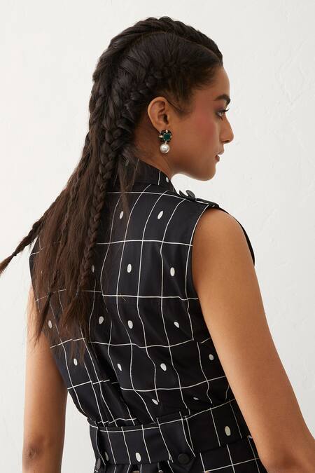 Son Of A Noble Snob_Black Cotton Satin Buckles Collared Cici Checkered Print Dress _at_Aza_Fashions