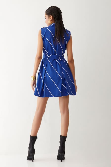 Shop_Son Of A Noble Snob_Blue Cotton Satin Collared Cici Bias Print Dress _at_Aza_Fashions