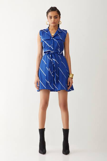 Shop_Son Of A Noble Snob_Blue Cotton Satin Collared Cici Bias Print Dress _Online_at_Aza_Fashions