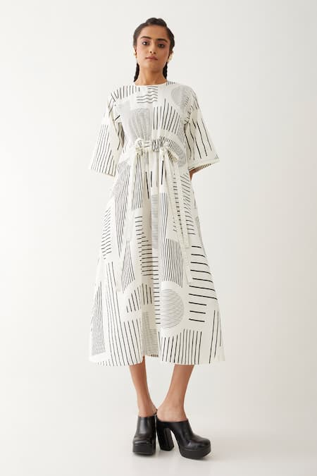 Son Of A Noble Snob Off White Cotton Satin Round Neck Devon Reflection Stripe Print Dress 