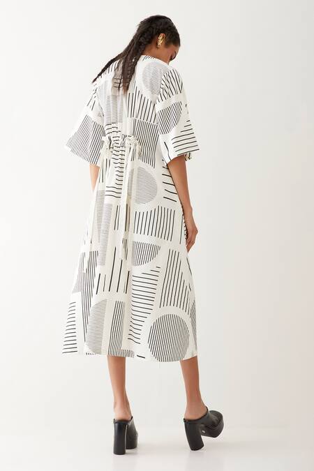 Shop Son Of A Noble Snob Off White Cotton Satin Round Neck Devon Reflection Stripe Print Dress at Aza Fashions Shop_Son Of A Noble Snob_Off White Cotton Satin Round Neck Devon Reflection Stripe Print Dress _at_Aza_Fashions