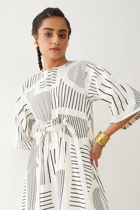 Son Of A Noble Snob Off White Cotton Satin Round Neck Devon Reflection Stripe Print Dress Online at Aza Fashions Son Of A Noble Snob_Off White Cotton Satin Round Neck Devon Reflection Stripe Print Dress _Online_at_Aza_Fashions