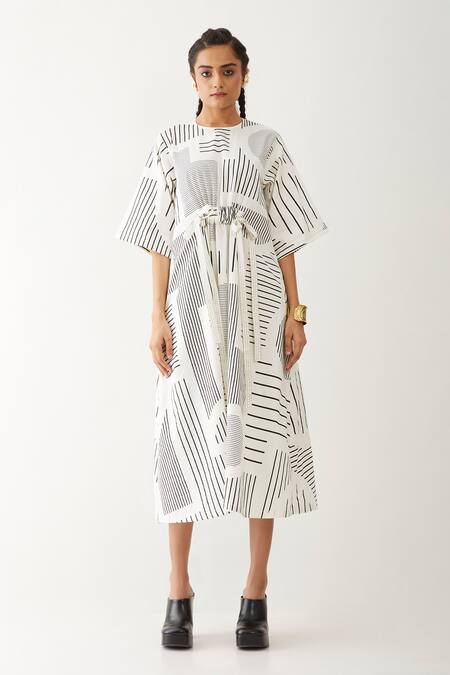 Buy Son Of A Noble Snob Off White Cotton Satin Round Neck Devon Reflection Stripe Print Dress Online at Aza Fashions Buy_Son Of A Noble Snob_Off White Cotton Satin Round Neck Devon Reflection Stripe Print Dress _Online_at_Aza_Fashions