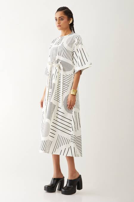 Shop Son Of A Noble Snob Off White Cotton Satin Round Neck Devon Reflection Stripe Print Dress Online at Aza Fashions Shop_Son Of A Noble Snob_Off White Cotton Satin Round Neck Devon Reflection Stripe Print Dress _Online_at_Aza_Fashions