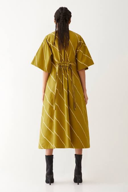 Shop_Son Of A Noble Snob_Gold Cotton Satin Round Neck Devon Bias Print Dress _at_Aza_Fashions