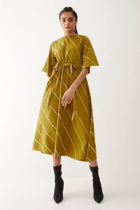 Son Of A Noble Snob_Gold Cotton Satin Round Neck Devon Bias Print Dress _Online_at_Aza_Fashions