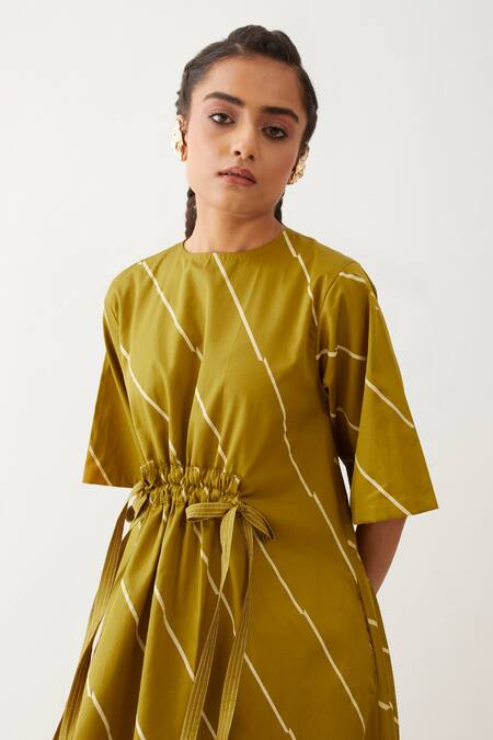 Buy_Son Of A Noble Snob_Gold Cotton Satin Round Neck Devon Bias Print Dress _Online_at_Aza_Fashions