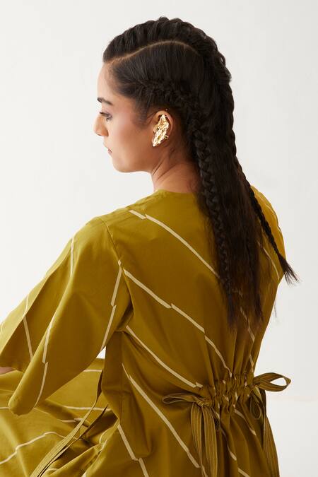 Shop_Son Of A Noble Snob_Gold Cotton Satin Round Neck Devon Bias Print Dress _Online_at_Aza_Fashions