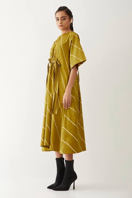 Son Of A Noble Snob_Gold Cotton Satin Round Neck Devon Bias Print Dress _at_Aza_Fashions