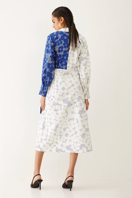 Shop Son Of A Noble Snob Blue Cotton Satin Collared Freya Void Print Dress at Aza Fashions Shop_Son Of A Noble Snob_Blue Cotton Satin Collared Freya Void Print Dress _at_Aza_Fashions