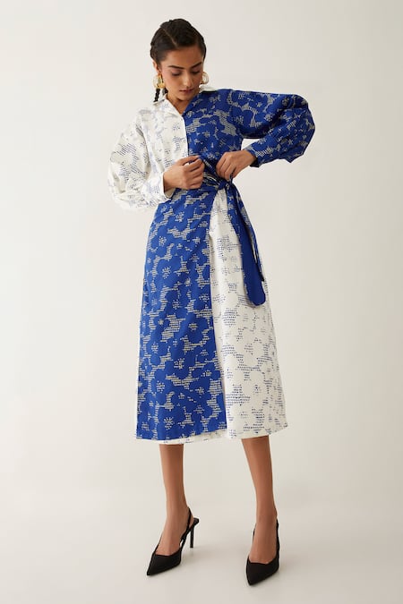 Son Of A Noble Snob Blue Cotton Satin Collared Freya Void Print Dress Online at Aza Fashions Son Of A Noble Snob_Blue Cotton Satin Collared Freya Void Print Dress _Online_at_Aza_Fashions