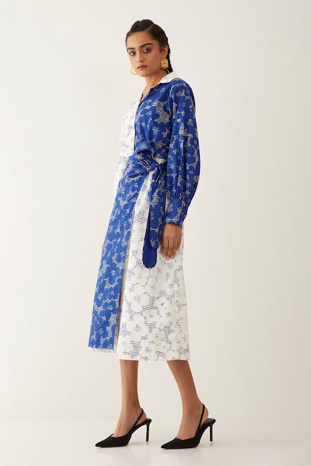 Shop Son Of A Noble Snob Blue Cotton Satin Collared Freya Void Print Dress Online at Aza Fashions Shop_Son Of A Noble Snob_Blue Cotton Satin Collared Freya Void Print Dress _Online_at_Aza_Fashions