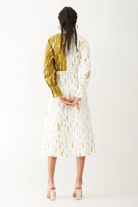 Shop_Son Of A Noble Snob_Gold Cotton Satin Collared Freya Blot Print Dress _at_Aza_Fashions