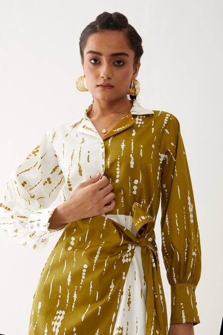 Son Of A Noble Snob_Gold Cotton Satin Collared Freya Blot Print Dress _Online_at_Aza_Fashions