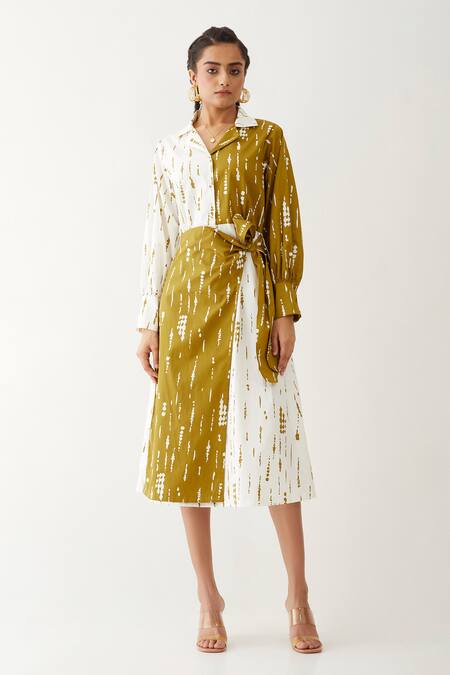Buy_Son Of A Noble Snob_Gold Cotton Satin Collared Freya Blot Print Dress _Online_at_Aza_Fashions