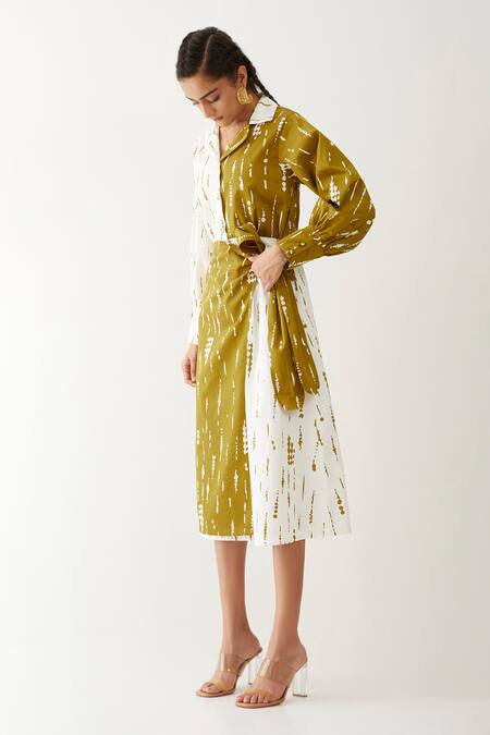 Shop_Son Of A Noble Snob_Gold Cotton Satin Collared Freya Blot Print Dress _Online_at_Aza_Fashions