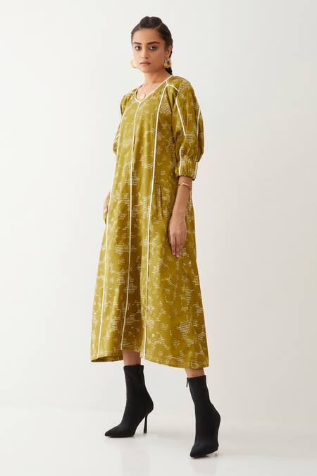 Shop Son Of A Noble Snob Gold Cotton Satin V-neck Frida Void Print Dress Online at Aza Fashions Shop_Son Of A Noble Snob_Gold Cotton Satin V-neck Frida Void Print Dress _Online_at_Aza_Fashions