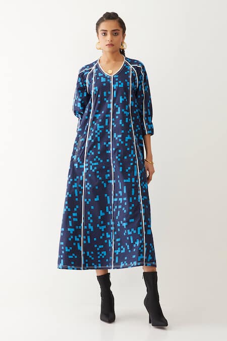 Son Of A Noble Snob Blue Cotton V-neck Frida Cube Print Dress 