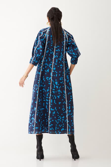 Shop Son Of A Noble Snob Blue Cotton V-neck Frida Cube Print Dress at Aza Fashions Shop_Son Of A Noble Snob_Blue Cotton V-neck Frida Cube Print Dress _at_Aza_Fashions