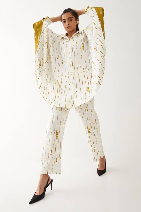 Shop Son Of A Noble Snob Off White Cotton Satin Printed Blot Collar Hidori Shirt And Pant Set Online at Aza Fashions Shop_Son Of A Noble Snob_Off White Cotton Satin Printed Blot Collar Hidori Shirt And Pant Set _Online_at_Aza_Fashions