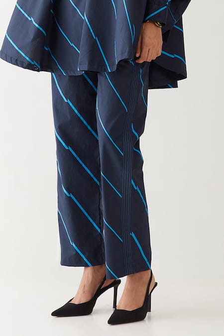 Son Of A Noble Snob_Blue Cotton Poplin Printed Bias Collar Hidori Shirt And Pant Set _Online_at_Aza_Fashions