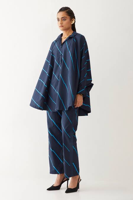 Buy_Son Of A Noble Snob_Blue Cotton Poplin Printed Bias Collar Hidori Shirt And Pant Set _Online_at_Aza_Fashions