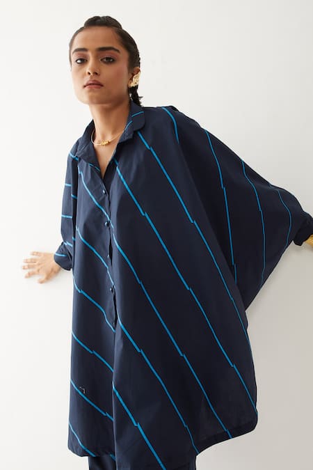 Shop_Son Of A Noble Snob_Blue Cotton Poplin Printed Bias Collar Hidori Shirt And Pant Set _Online_at_Aza_Fashions