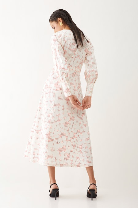 Shop Son Of A Noble Snob Off White Cotton Satin V-neck Innis Printed Dress at Aza Fashions Shop_Son Of A Noble Snob_Off White Cotton Satin V-neck Innis Printed Dress _at_Aza_Fashions