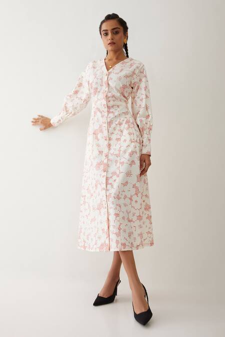 Son Of A Noble Snob Off White Cotton Satin V-neck Innis Printed Dress Online at Aza Fashions Son Of A Noble Snob_Off White Cotton Satin V-neck Innis Printed Dress _Online_at_Aza_Fashions