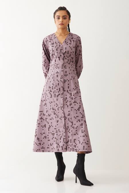 Son Of A Noble Snob Purple Cotton Satin V-neck Innis Cube Print Dress 