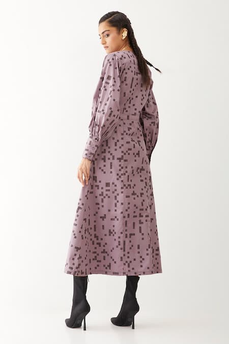 Shop Son Of A Noble Snob Purple Cotton Satin V-neck Innis Cube Print Dress at Aza Fashions Shop_Son Of A Noble Snob_Purple Cotton Satin V-neck Innis Cube Print Dress _at_Aza_Fashions