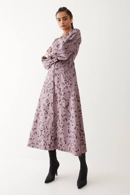 Son Of A Noble Snob Purple Cotton Satin V-neck Innis Cube Print Dress Online at Aza Fashions Son Of A Noble Snob_Purple Cotton Satin V-neck Innis Cube Print Dress _Online_at_Aza_Fashions