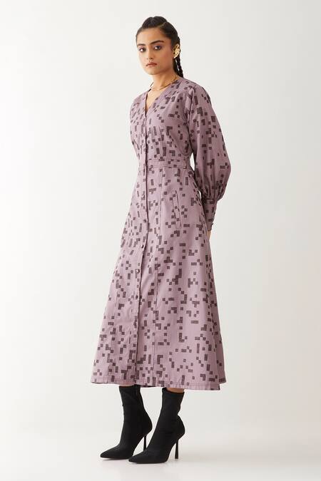 Shop Son Of A Noble Snob Purple Cotton Satin V-neck Innis Cube Print Dress Online at Aza Fashions Shop_Son Of A Noble Snob_Purple Cotton Satin V-neck Innis Cube Print Dress _Online_at_Aza_Fashions
