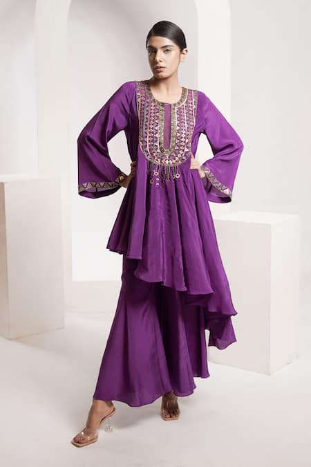 Buy_Deepika Chopra_Purple Crepe Sequins Round Neck Anti-fit Asymmetric Kurta With Flared Pant_Online_at_Aza_Fashions