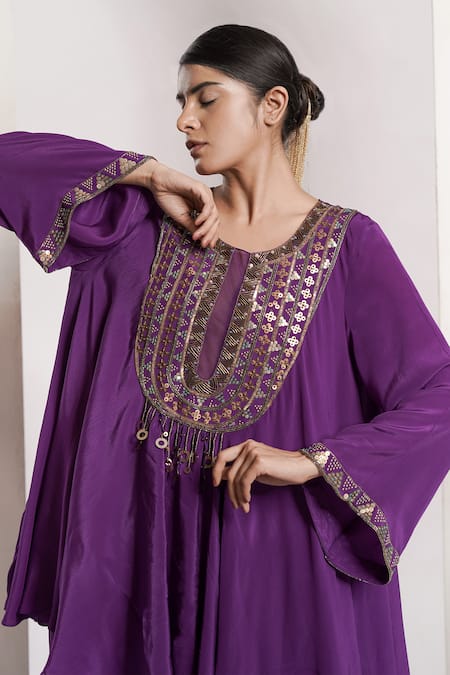 Deepika Chopra_Purple Crepe Sequins Round Neck Anti-fit Asymmetric Kurta With Flared Pant_at_Aza_Fashions