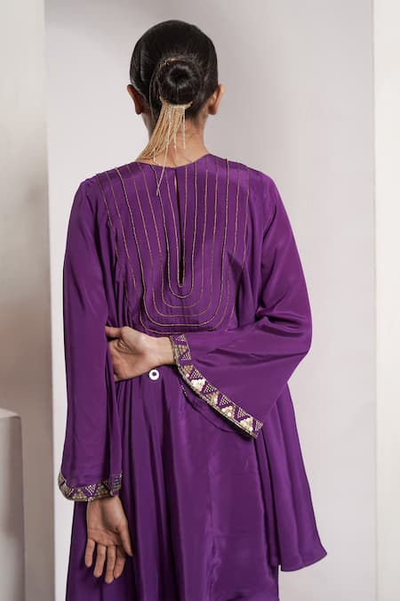 Buy_Deepika Chopra_Purple Crepe Sequins Round Neck Anti-fit Asymmetric Kurta With Flared Pant