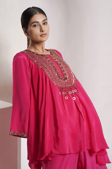 Deepika Chopra_Pink Crepe Sequins, Tassels Round Anti-fit Asymmetric Kurta With Panelled Pant_Online_at_Aza_Fashions