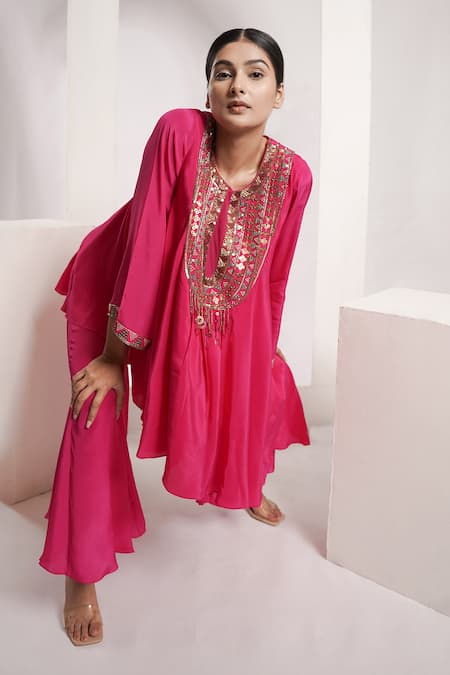 Buy_Deepika Chopra_Pink Crepe Sequins, Tassels Round Anti-fit Asymmetric Kurta With Panelled Pant_Online_at_Aza_Fashions